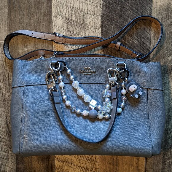 Coach Crossbody Bag Gray Leather w/ Chunky Beaded Keychain Labubu Charm - Picture 1 of 8